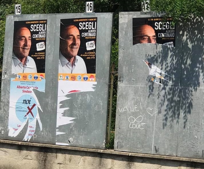 Legnano, manifesti elettorali strappati a Canazza