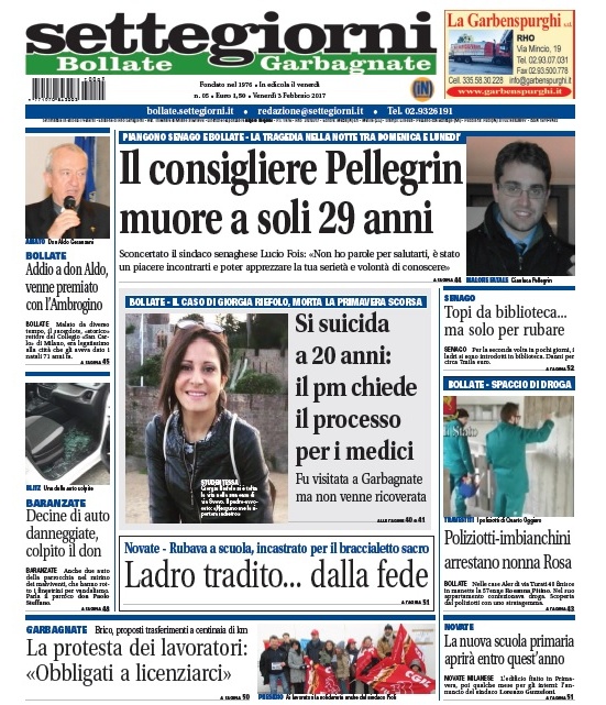 Settegiorni Bollate è in edicola, in primo piano la morte a 29 anni del consigliere di Senago