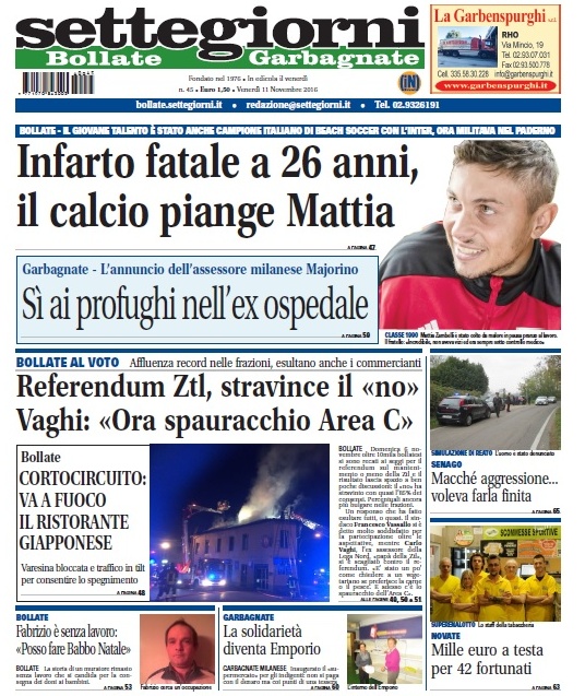 Settegiorni Bollate è in edicola: in primo piano la tragedia di Mattia