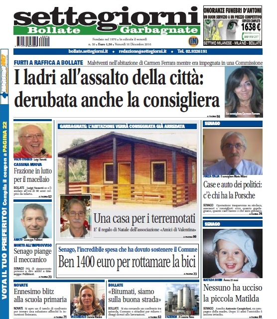 Settegiorni Bollate in edicola, in primo piano l’ondata di furti