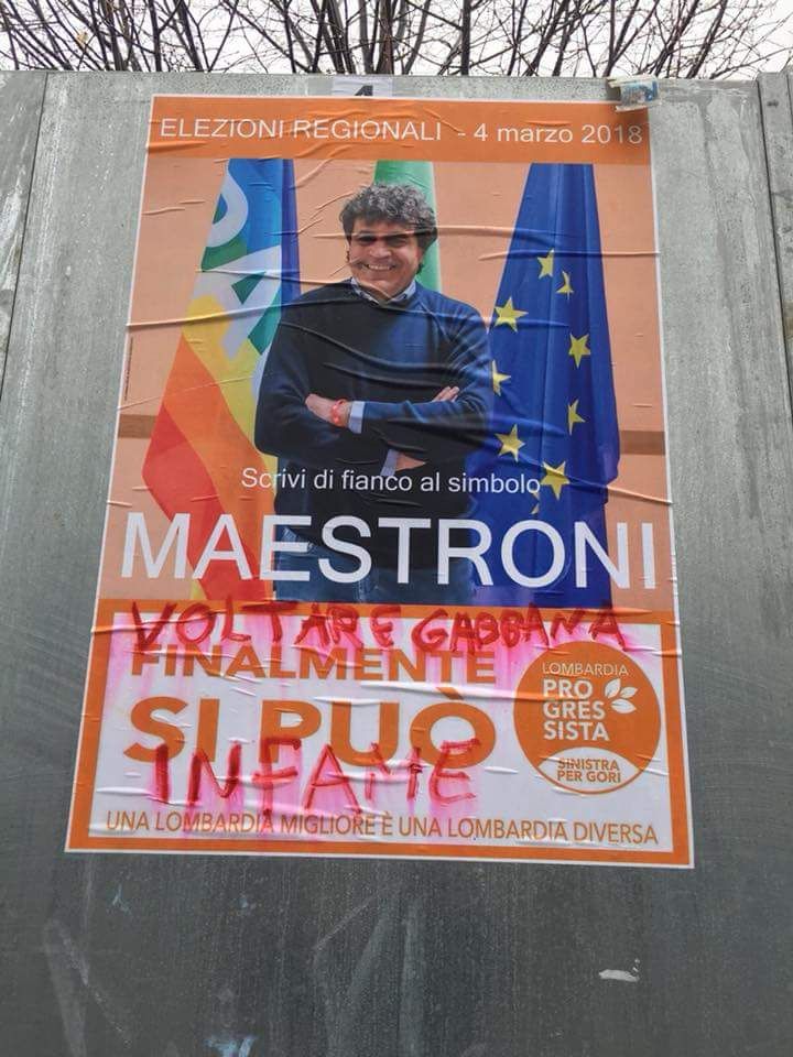 Insulti scritti con vernice rossa sui manifesti elettorali