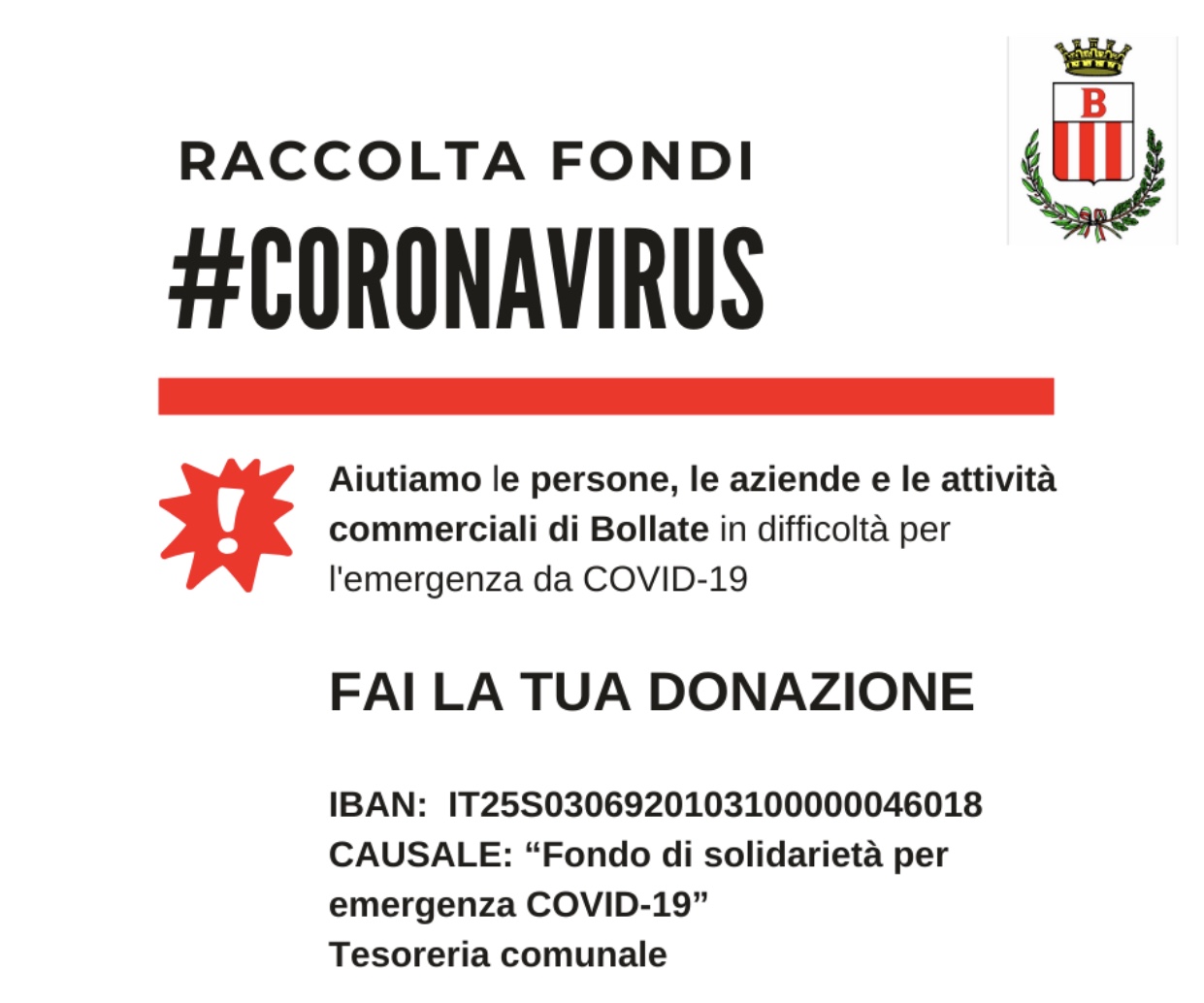 Coronavirus, una raccolta fondi in favore di Bollate