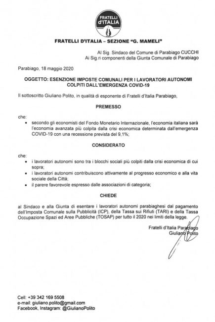 Parabiago, proposta di FdI per l'emergenza