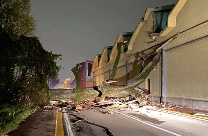 Albero di 20 metri cade sulla strada crollando su ditta e cavi dell’elettricità FOTO