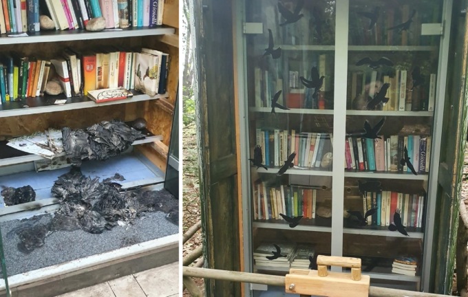 Libreria incendiata dai vandali sistemata dagli utenti del parco
