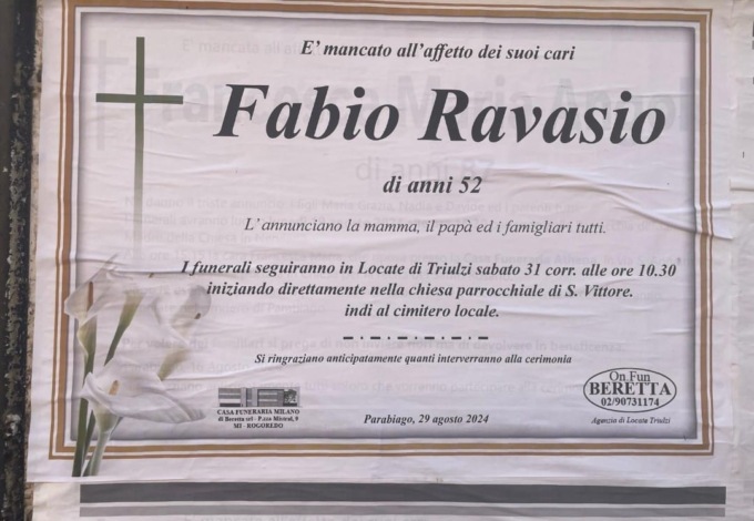 Oggi i funerali di Fabio Ravasio