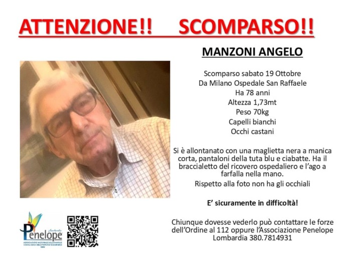 Anziano si allontana dall’ospedale San Raffaele: in corso le ricerche