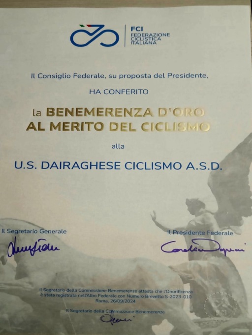 All'Us Dairaghese la Benemerenza d'oro al merito del ciclismo