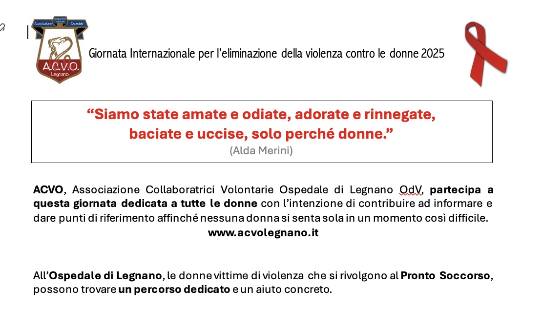 Un fiocco rosso e un volantino con i numeri antiviolenza distribuiti in ospedale dalle volontarie Acvo
