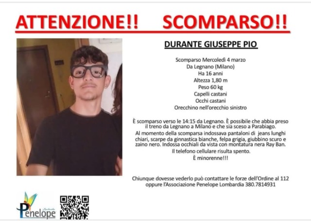 Sedicenne scomparso dopo scuola: l’appello per trovare Giuseppe